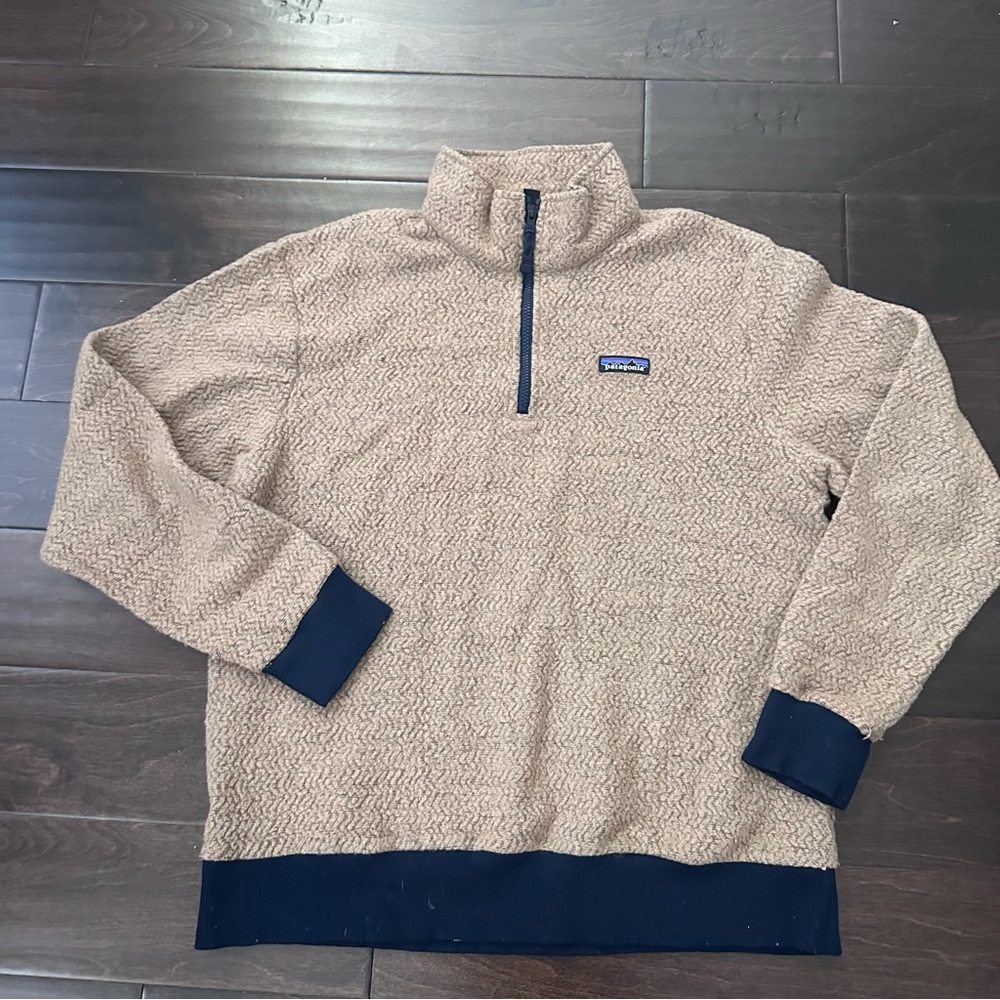 Patagonia wool blend quarter‎ zip Taupe Navy Men Sweater EUC patagonia worn wear